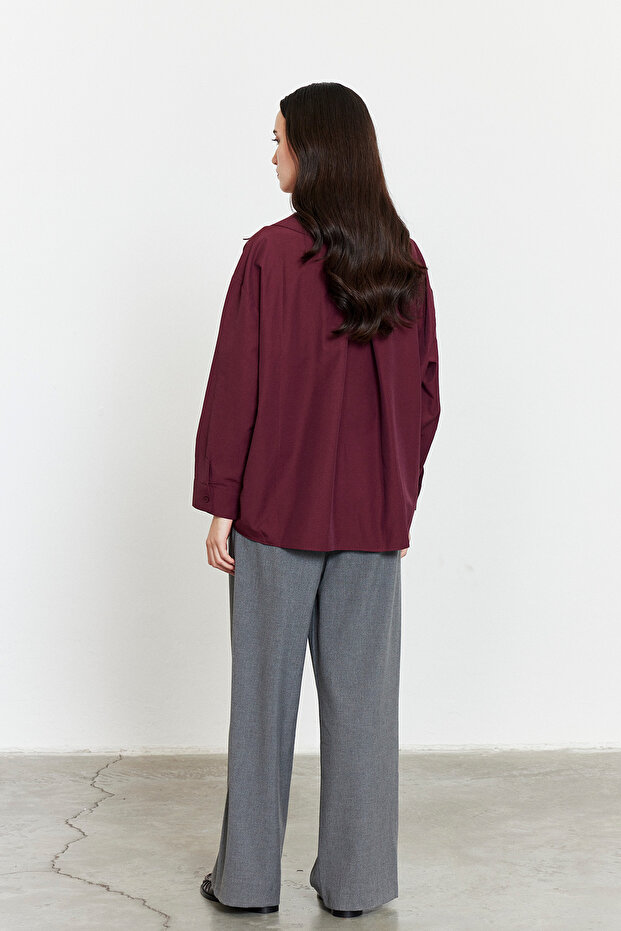 Oversize Poplin Gömlek Bordo - 6