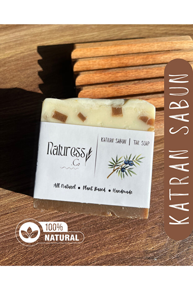 Natural Handmade Tar Soap Made from Pure Oils 110 Gr - with Wooden Soap Dish Gift