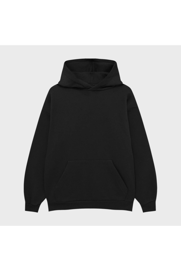 Basic Unisex Oversize Black Cotton Hooded Printed Sweatshirt Hoodie