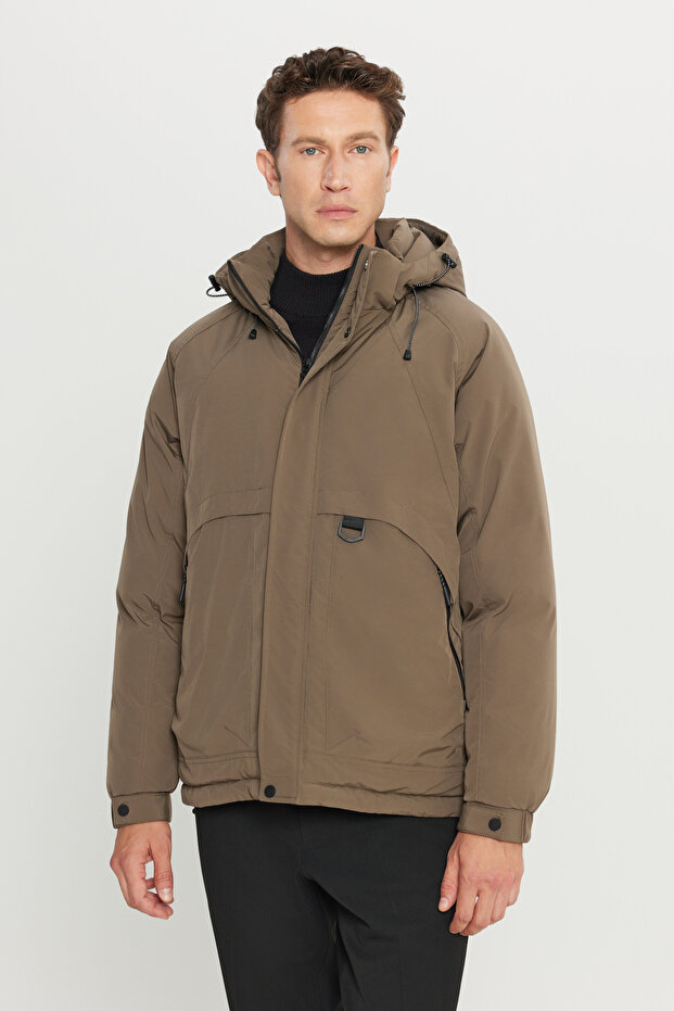 Men's Khaki Standard Fit Regular Cut Hooded Stand Collar Side Pocket Casual Coat