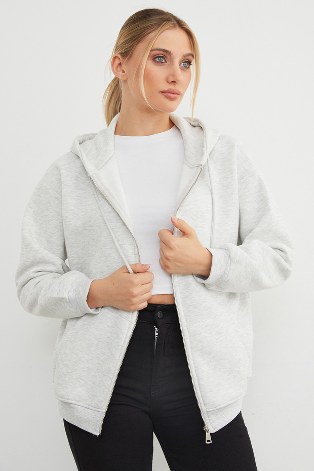 Basic Fermuarlı Kapüşonlu Oversize Sweatshirt - 1
