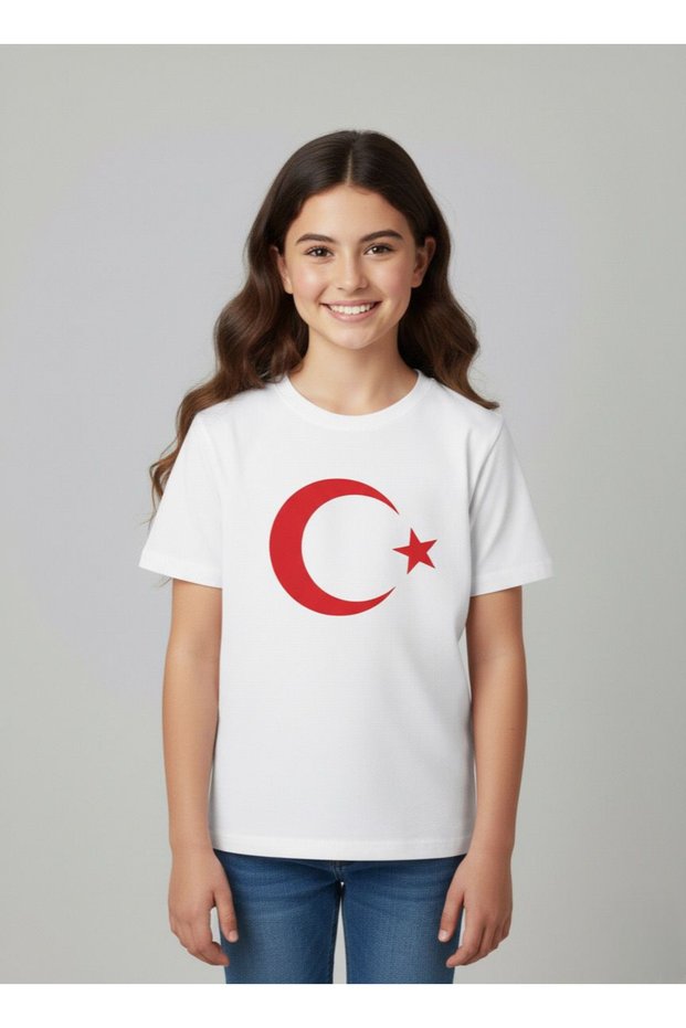 Children's Girl-Boy Moon Star Turkish Flag Short Sleeve T-Shirt