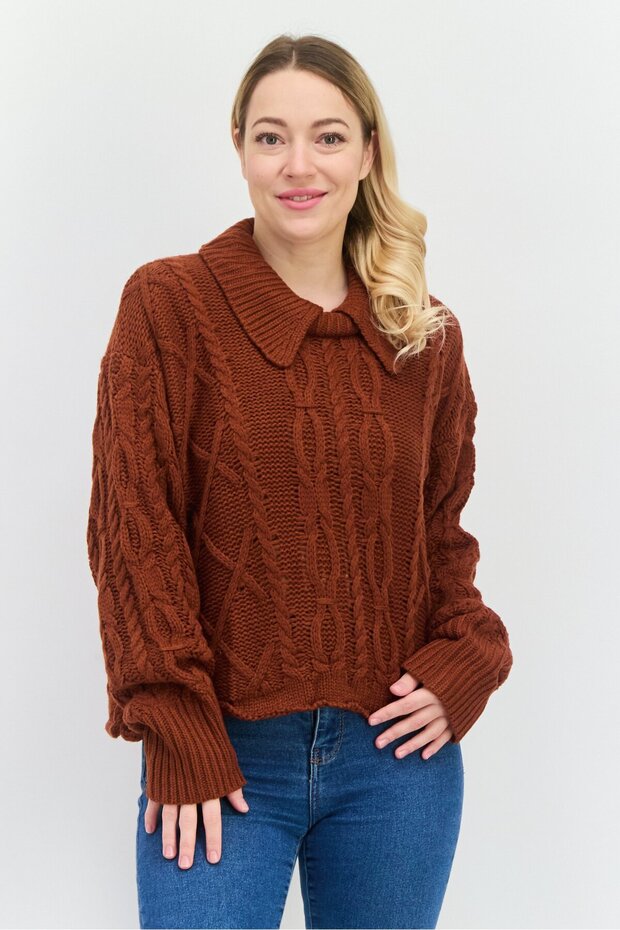 Women Spread Collar Knitted Sweater, Dark Brown