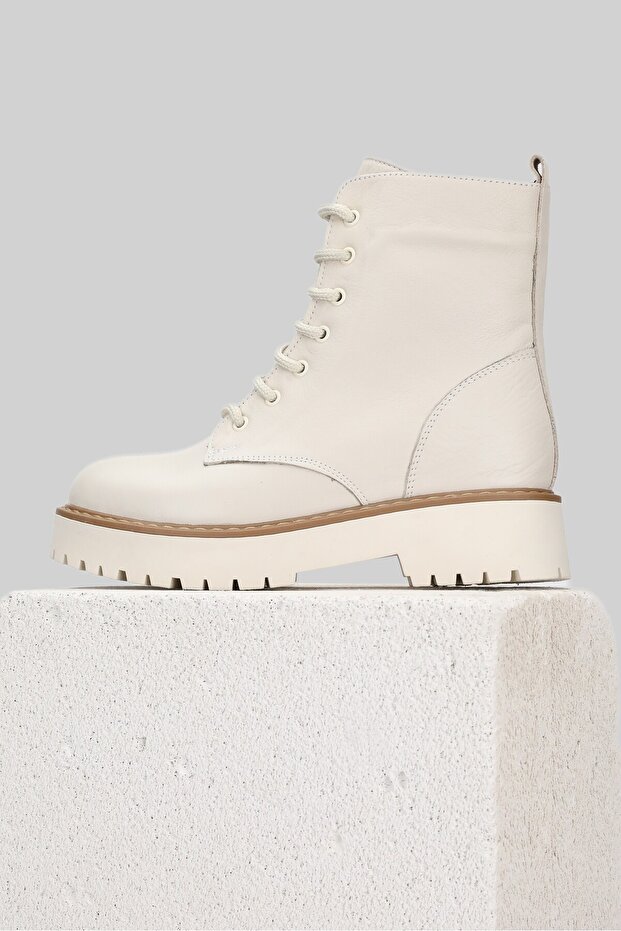 Women's Beige Genuine Natural Leather Size 36-41 Thick Heel Lace-Up Boots & Booties