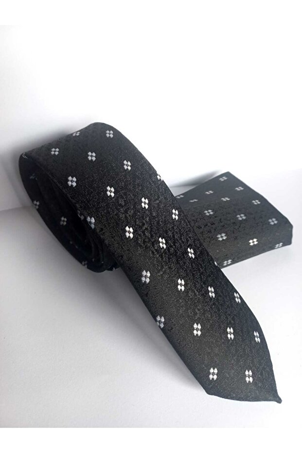 Black Patterned Thin Tie and Handkerchief Set