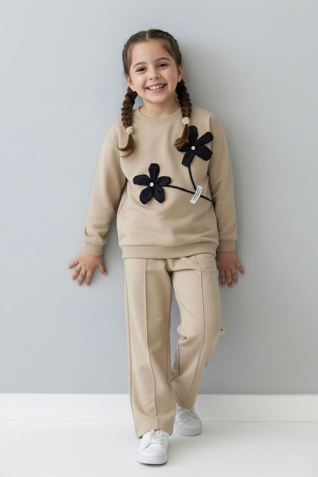 My Little Girl's Black Girl's Set with 3D Flower Appliques - Olive Green