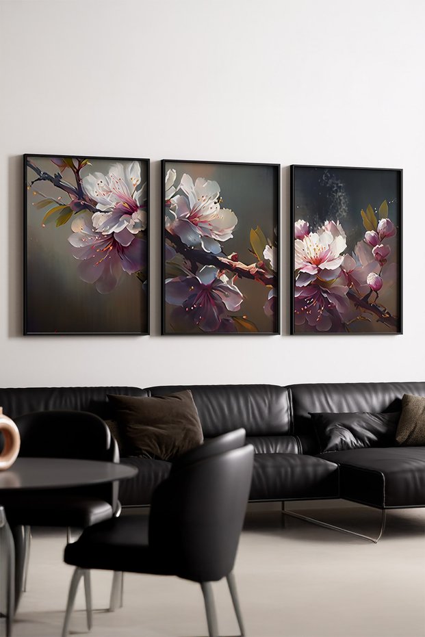 Wooden Black Framed Oil Painting Flower 3-Piece Painting Set Huhu222 - Three-Piece Painting Set Black Frame