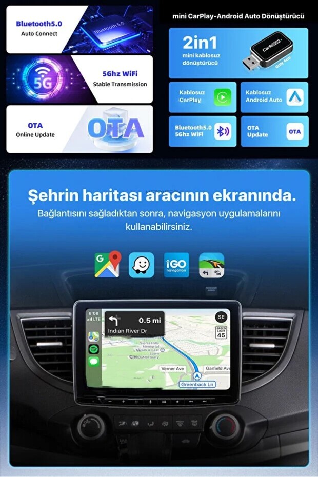 Kablosuz CarPlay & Android Auto Dönüştürücü Kit 2in1 Adaptör (USB - TYPE-C) Küçük Tasarım - 2