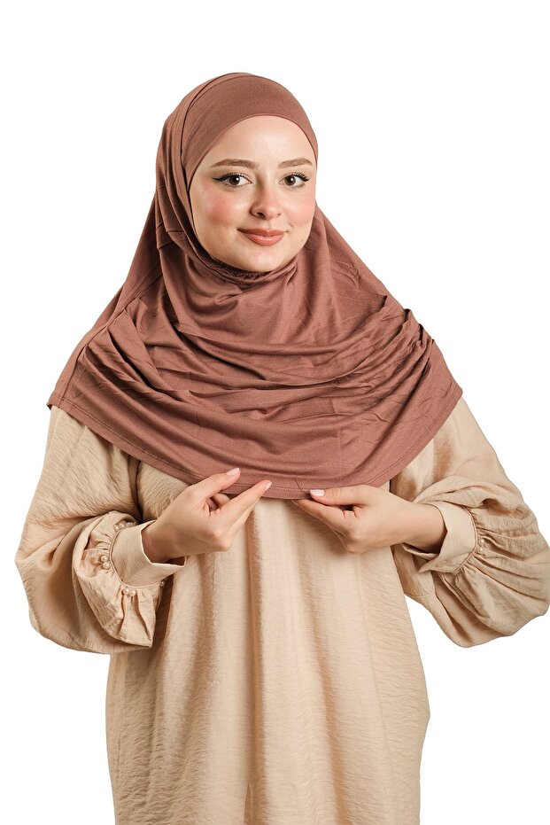 Khaki Practical Ready-To-Wear Hijab Scarf with Viscose Bonnet Large Size 1290Bv_09