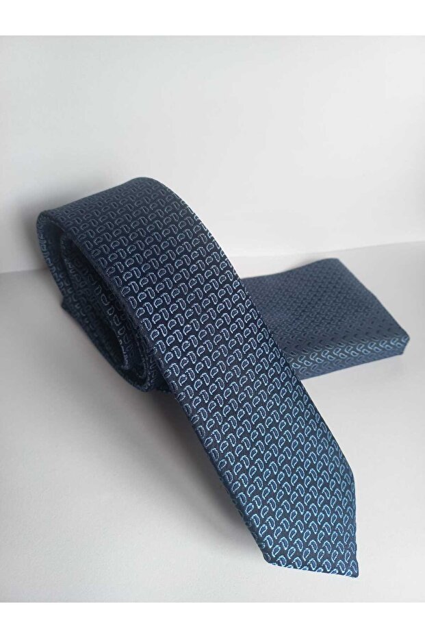 Blue Tiny Patterned Thin Tie and Handkerchief Set