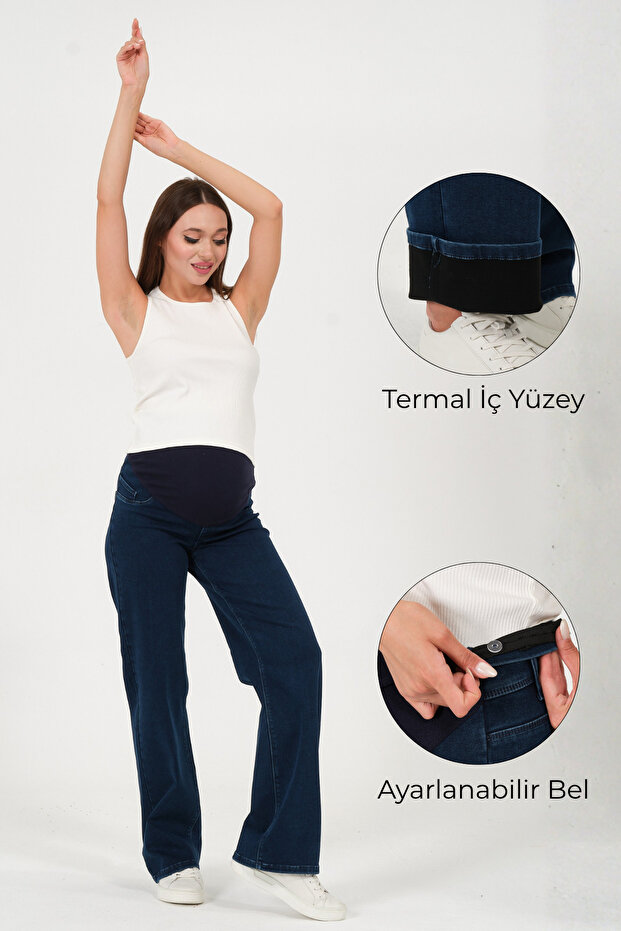 Maternity Stretchy Belly Band Adjustable Waist Wide Leg Thermal Jeans Pants Blue