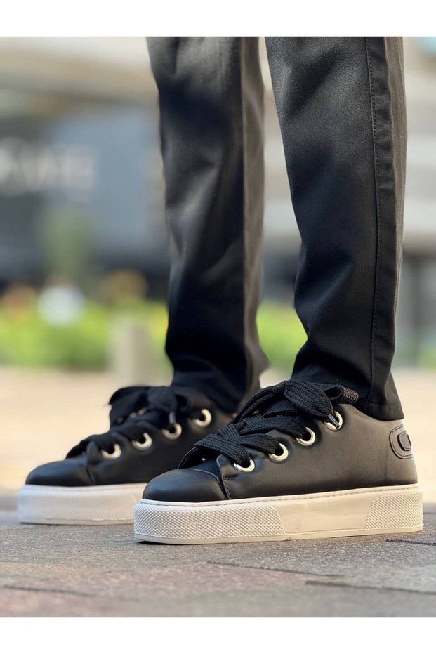 Lace-Up Men's Casual Shoes Black (White Sole)