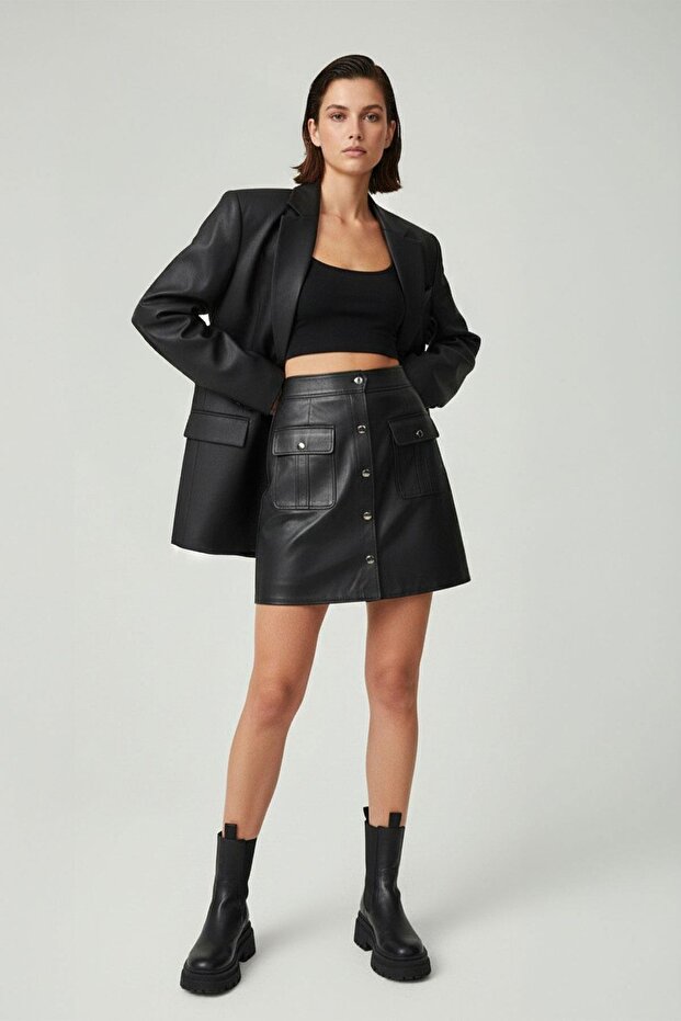 Black Buttoned Genuine Leather Skirt with Pockets