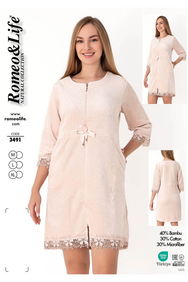 Women's Bamboo Cotton Velvet Zippered Winter Dress / Cream 3491