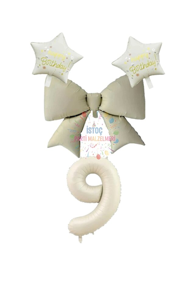 Cream Color Star Bow Number Foil Balloon Set Age 8