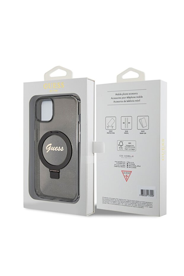 Case for IPhone 15, Ring Stand Script Glitter - Black - 7