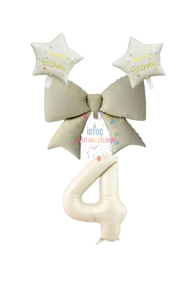 İstoç Cream Color Star Bow Number Foil Balloon Set 3 Years Old