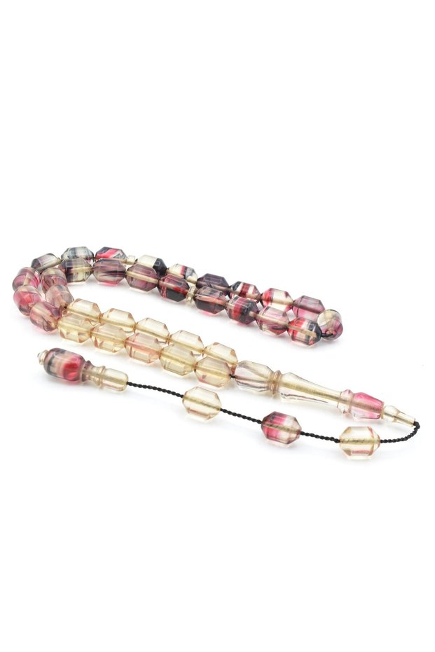 Hakan Turan Handmade Pointed Capsule Cut Transparent Pink Crimped Amber Prayer Beads