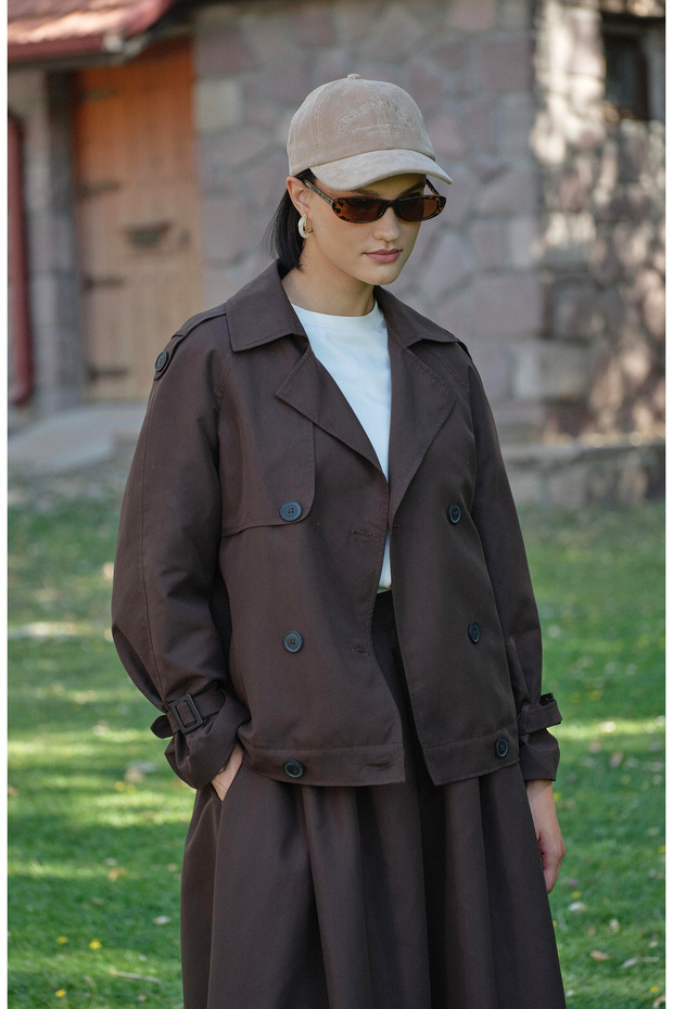 Kol Apoletli Acı Kahve Midi Trenç Ceket - 3