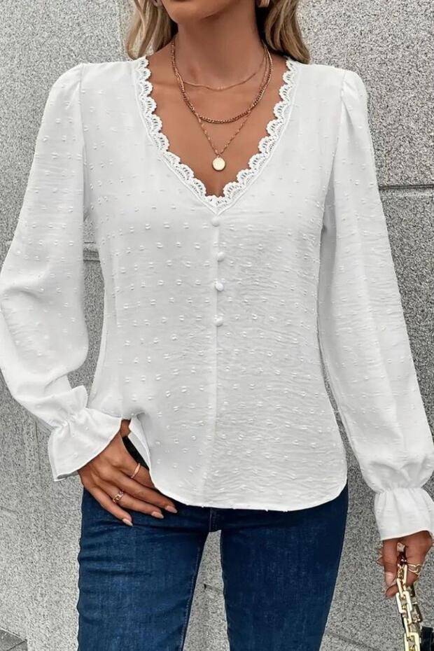 V-Neck Front Buttoned Blouse - White - 3