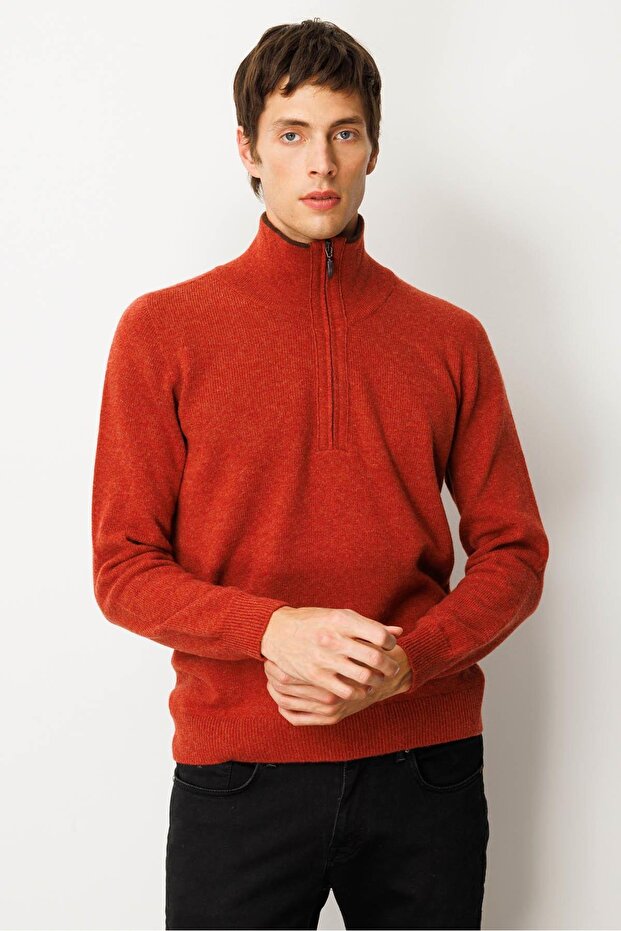 Men's Basic Wool Sweater with Zipper Collar Tile - 4