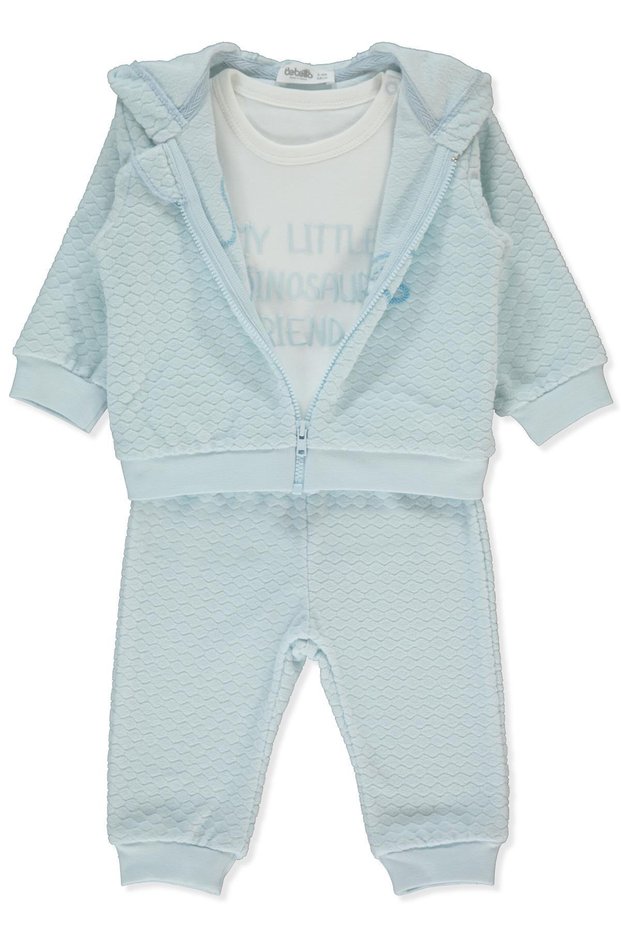Velvet Zippered Cardigan 3-Piece Set (Dinosaur) Blue