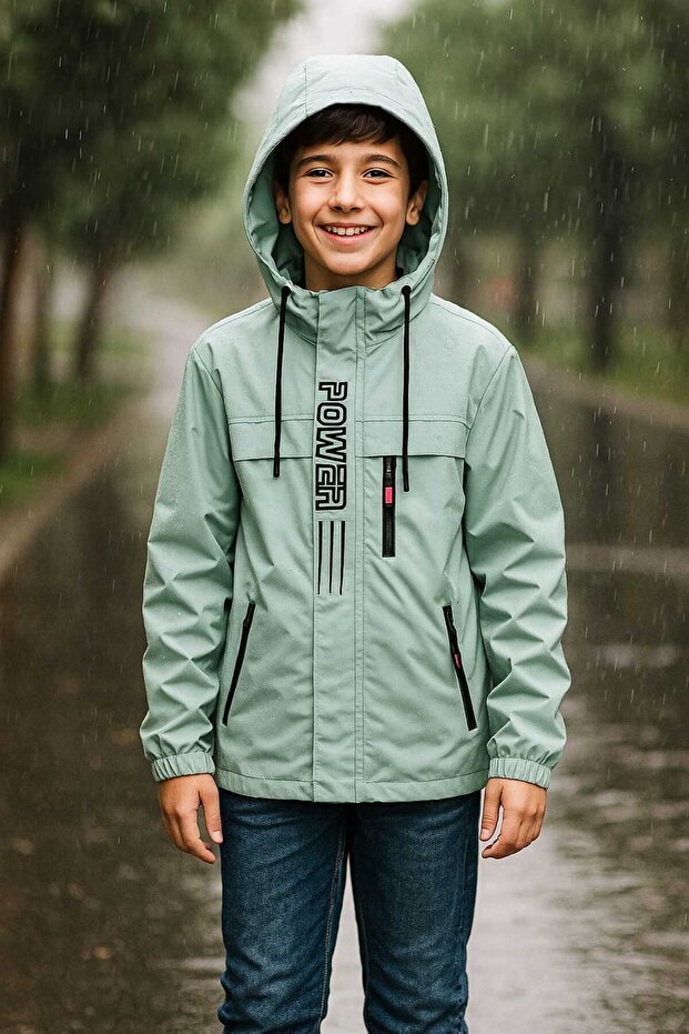 Boy's Hooded Zippered Raincoat with Pockets