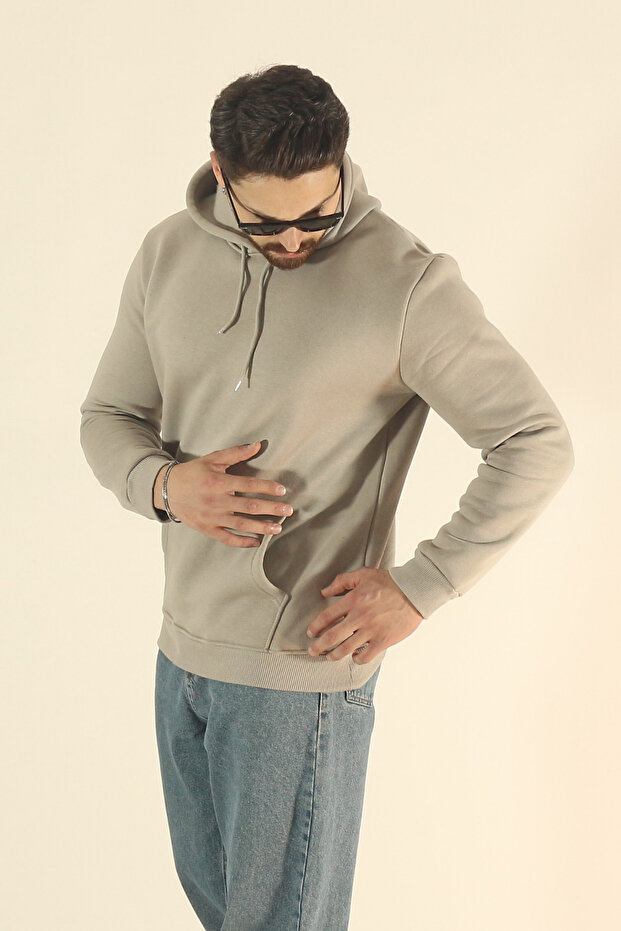 Men's Basic Winter Soft Textured Sweatshirt - Stone Regular Kangaroo Pocket Hoodie