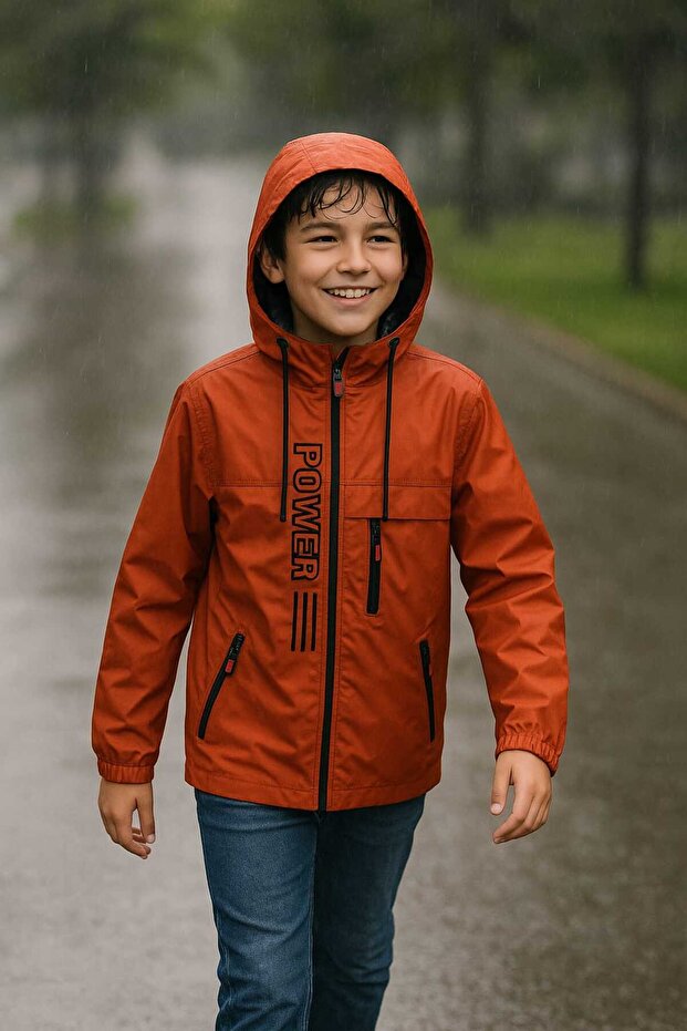 Boy's Hooded Zippered Raincoat with Pockets