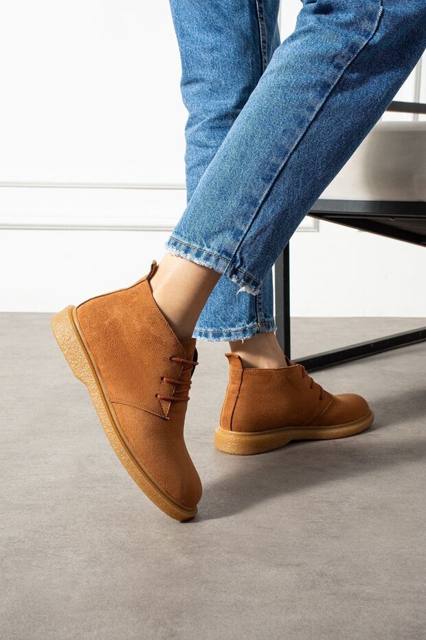 Pumpy Taba Süet Bağcıklı Kadın Bot - 4