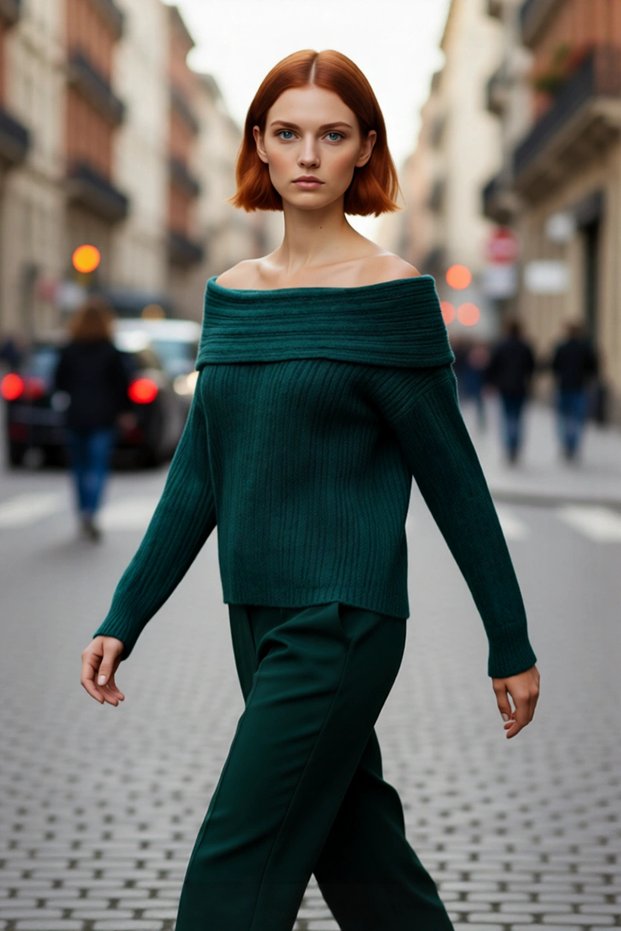 Women's Carmen Collar Regular Fit Long Sleeve Ribbed Knit Sweater Offers Day and Night Elegance