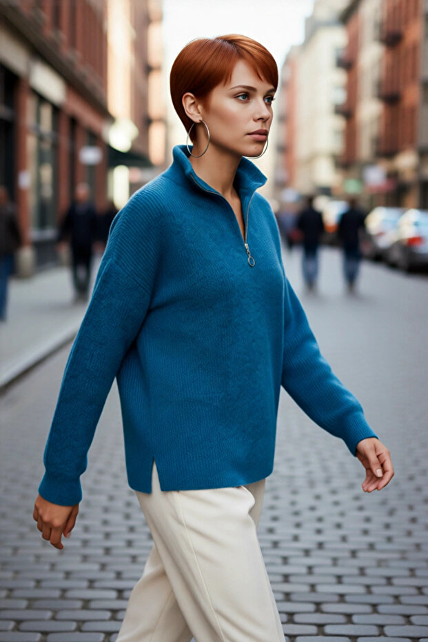 Women's Oversize Low-Cut Zipper Stand Collar Knitwear Thessaloniki Knit Basic Long Sleeve Sweater High Quality