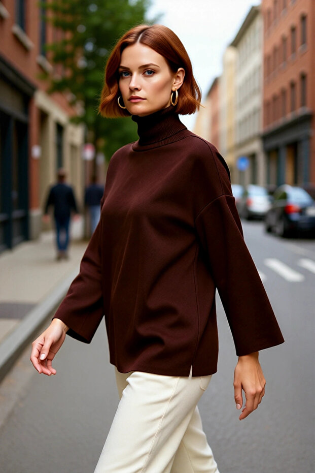 Women's Oversize Turtleneck Low Sleeve Acrylic Knitwear Sweater Long Basic Model for Winter Season
