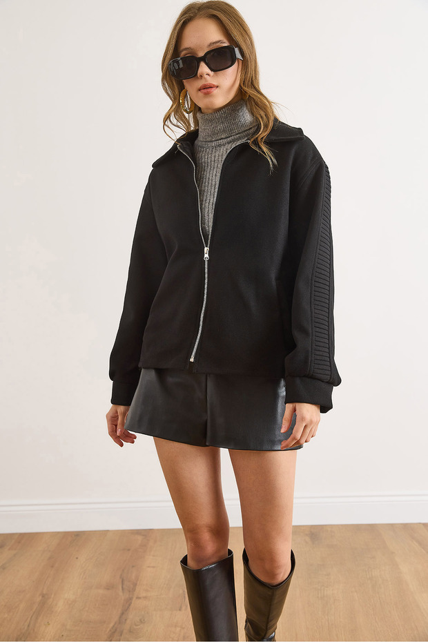 Women's Black Lined Sleeve Back Detailed Cashmere Jacket Ckt-19000487