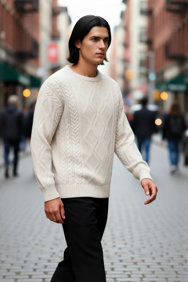 Men's Oversize Wide Fit Hair Braided Crew Neck Knitwear Sweater Ideal Choice for Winter Fashion