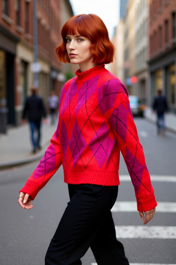 Women's Oversized Diamond Patterned Stand Collar Low Sleeve Knitwear Sweater Complements Winter Elegance High Quality