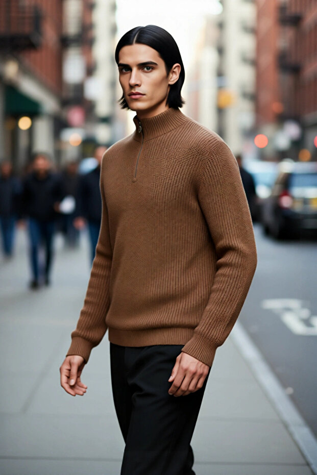 Men's Regular Fit Plain Zippered Stand Collar Knitwear Sweater Is the Perfect Choice for Winter Cold Weather Elegance.