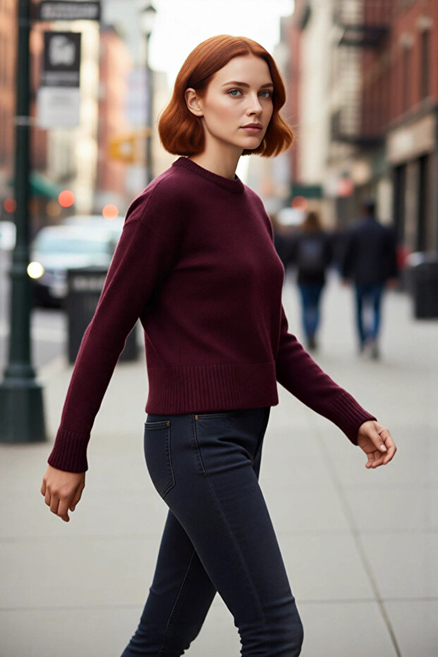 Women's Oversized Crop Low-Sleeve Crew Neck Plain Knitwear Sweater Winter Comfortable for Everyday Chic