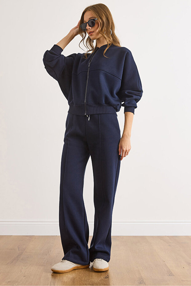 Women's Navy Blue Zippered Top with Stitching Detail on the Bottom Tracksuit Set Etkm-0000085