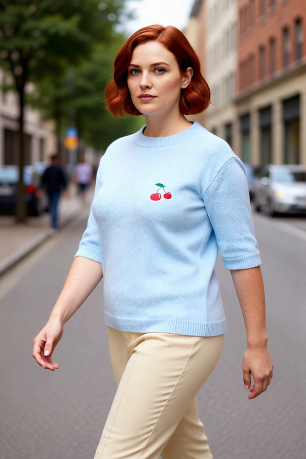 Women's Cherry Embroidered Crew Neck Low Sleeve Regular Fit Knitwear Sweater Spring Autumn Style