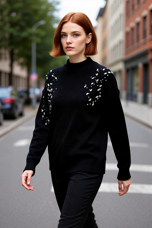 Women's Knitwear Oversize Stand Collar Low Sleeve Stone Embroidered Sweater a Comfortable and Stylish Choice for the Winter Season
