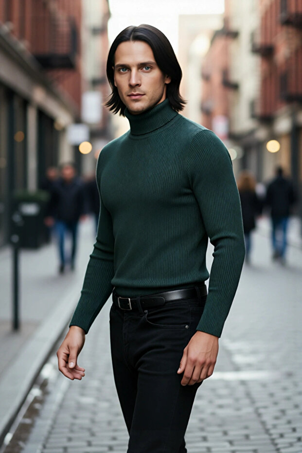 Men's Fitted Turtleneck Ribbed Knit Sweater Ideal for Winter Days Offering Elegance and Comfort