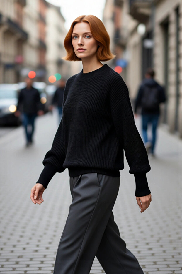 Women's Oversize Balloon Sleeve Thessaloniki Woven Crew Neck Long Plain Basic Knitwear Sweater 100% Acrylic