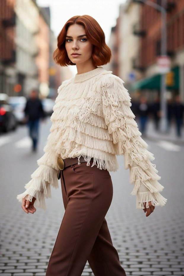 Women's Tassels Textured Knitwear Sweater Regular Fit Crew Neck Ideal Choice for Winter Chic
