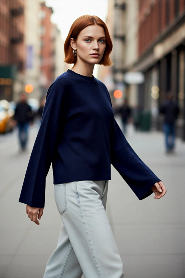 Women's Regular Fit Crew Neck Long Spanish Sleeve Basic Knitwear Sweater Offers Everyday Chic