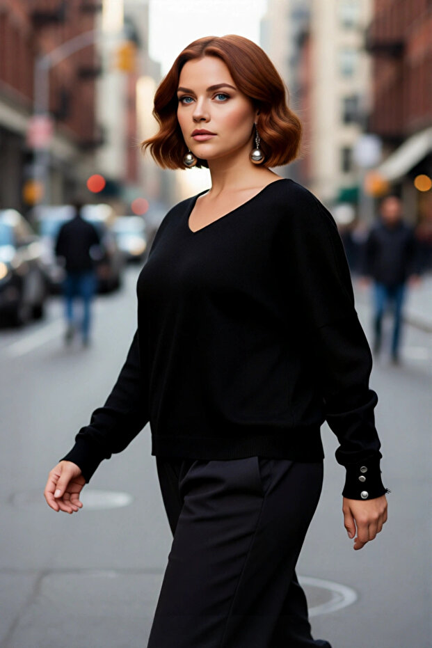 Women's Black Relaxed Fit V-Neck Knitwear Sweater Solid Pattern Standard Sleeve Stylish and Comfortable Option for Winter