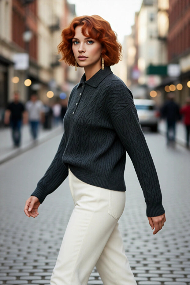 Women's Oversize Hair Knit Polo Neck Sweater Low Long Sleeve Winter Casual Basic Chic Quality