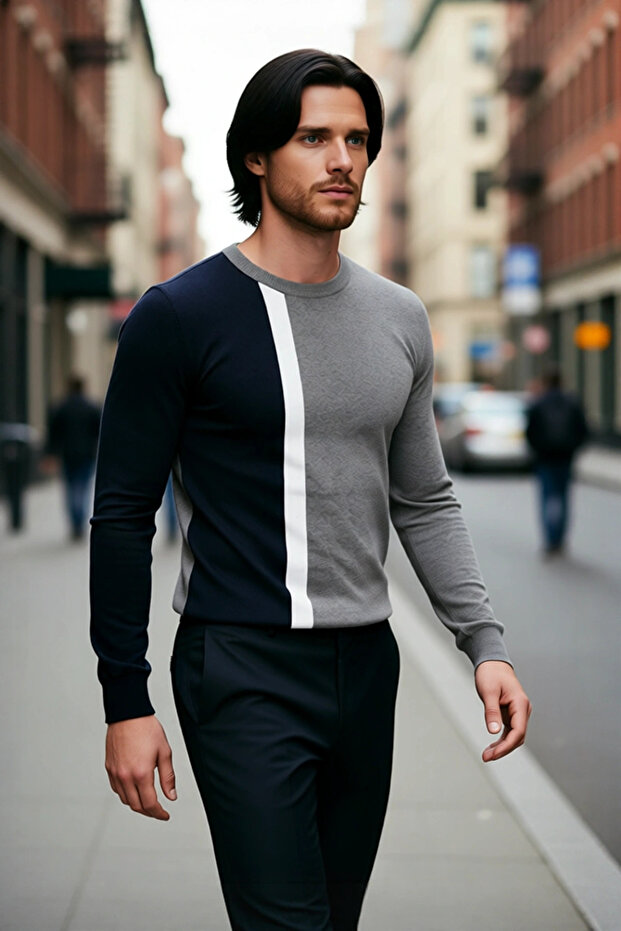 Fitted Fit Crew Neck Color Block Long Sleeve Basic Textured Knit Sweater for Men Good Quality