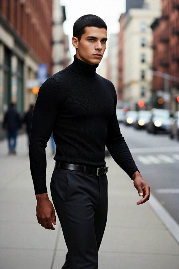 Men's Fitted Turtleneck Ribbed Knit Sweater Ideal for Winter Days Offering Elegance and Comfort