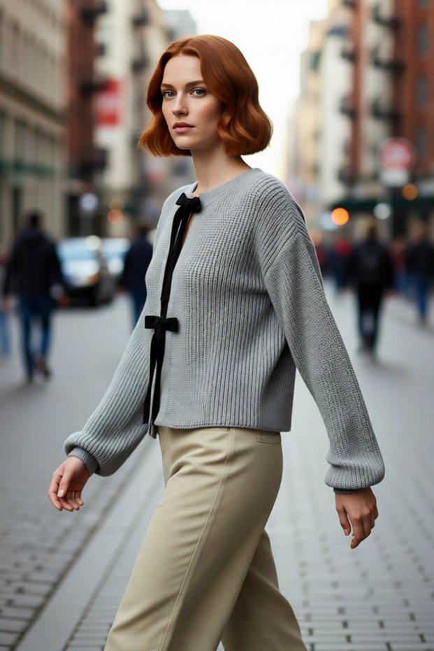 Women's Cropped Regular Fit Double-Sided Ribbon Tie Low Arm Thessaloniki Knit Acrylic Knitwear Sweater